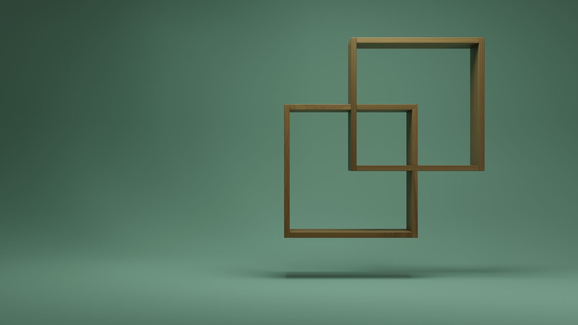 Abstract composition with overlapping wooden frames floating in front of a green minimalist background.